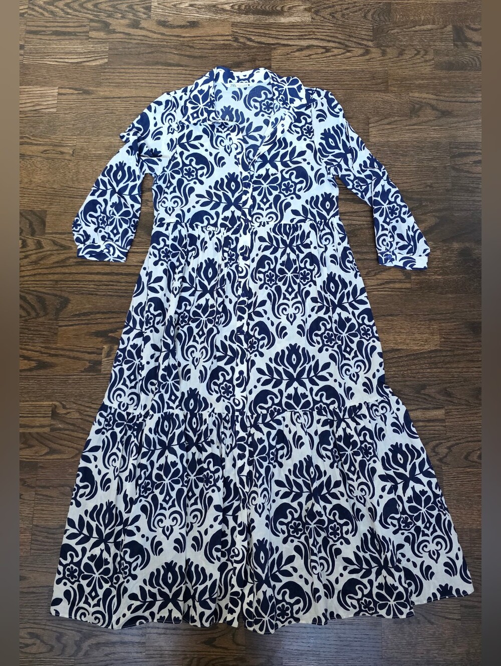 Zara Shirt Dress Midi Dress Size M White Blue Floral Cotton